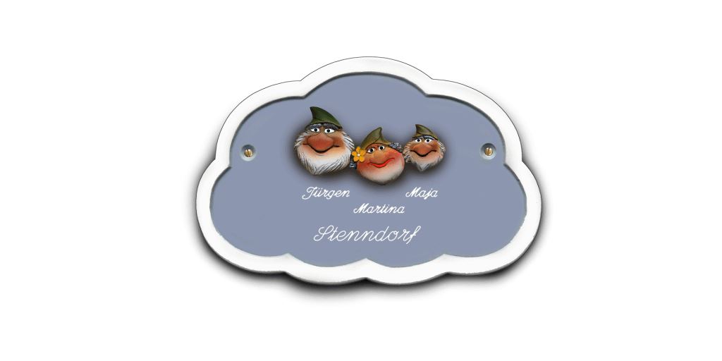 Familientürschild aus Keramik 3-4 Familienmitglieder Zwerg Wolke Familientürschild aus Keramik Zwerg Wolke online-tuerschilder.com 3 Personen Hellblau