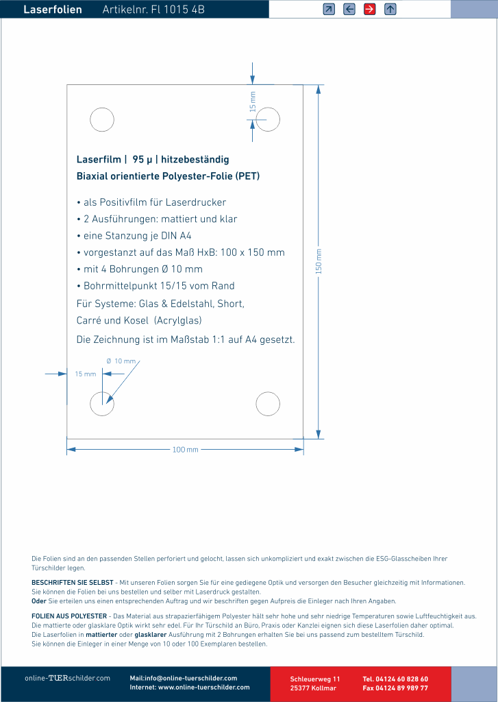 Laserfolien für Türschilder in Sandwichbauweise mit 4 Bohrungen online-tuerschilder.com 100 x 150 mm