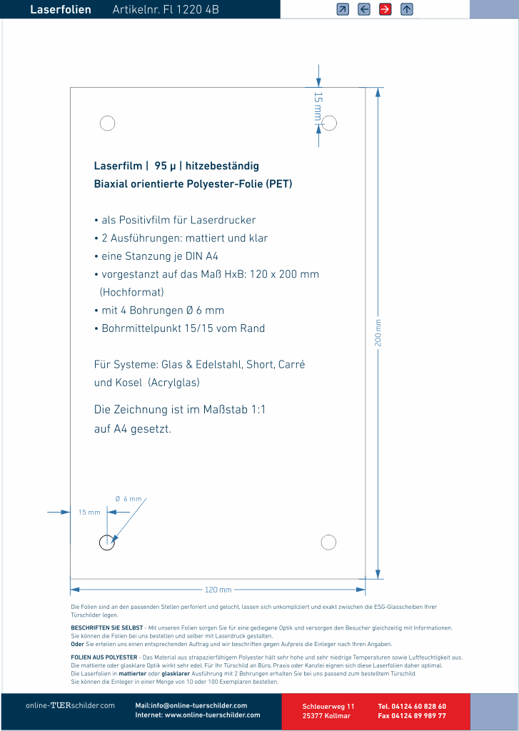 Laserfolien für Türschilder in Sandwichbauweise mit 4 Bohrungen online-tuerschilder.com 120 x 200 mm