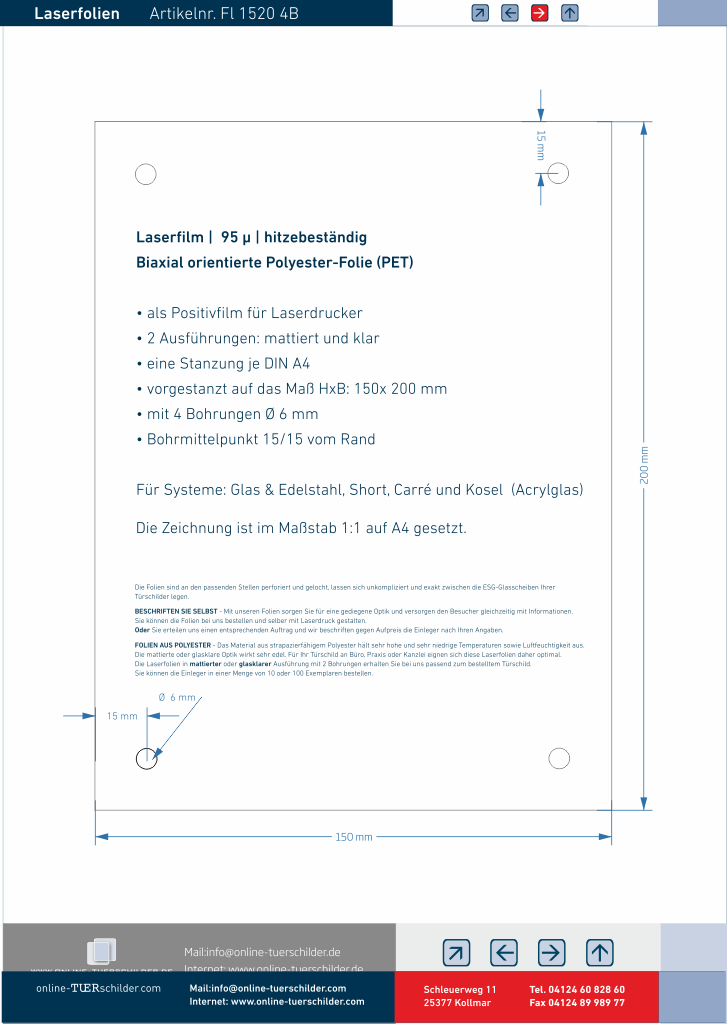 Laserfolien für Türschilder in Sandwichbauweise mit 4 Bohrungen online-tuerschilder.com 150 x 200 mm