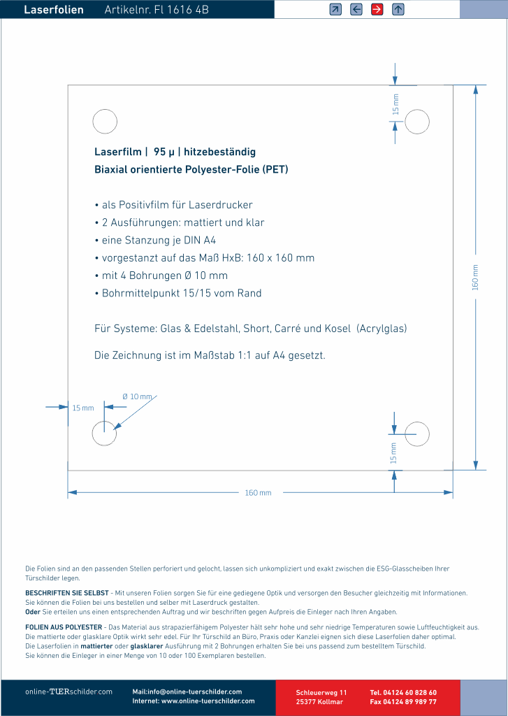 Laserfolien für Türschilder in Sandwichbauweise mit 4 Bohrungen online-tuerschilder.com 160 x 160 mm