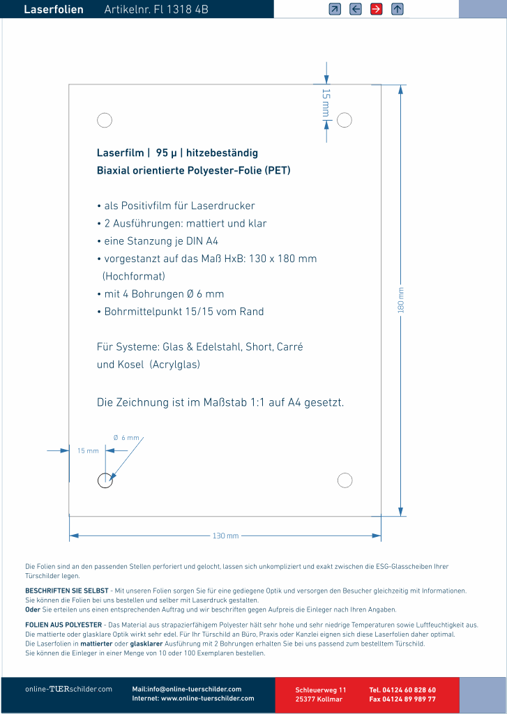 Laserfolien für Türschilder in Sandwichbauweise mit 4 Bohrungen online-tuerschilder.com 130 x 180 mm