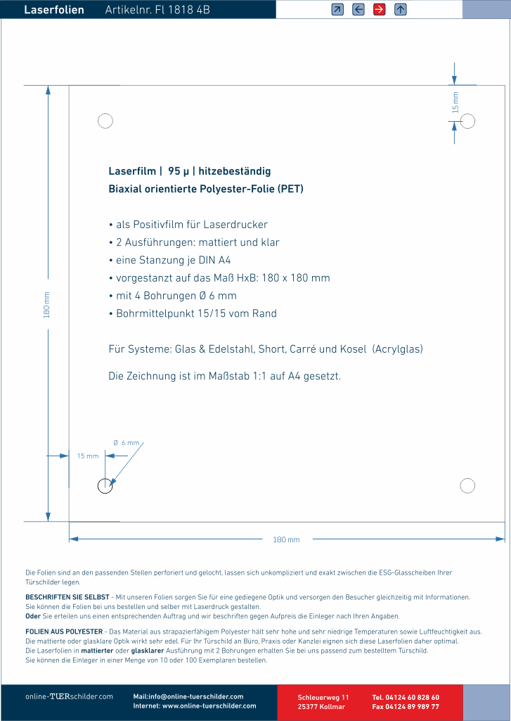 Laserfolien für Türschilder in Sandwichbauweise mit 4 Bohrungen online-tuerschilder.com 180 x 180 mm