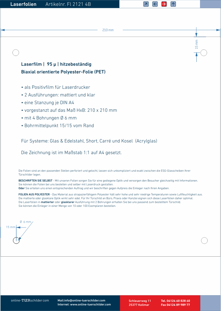 Laserfolien für Türschilder in Sandwichbauweise mit 4 Bohrungen online-tuerschilder.com 210 x 210 mm