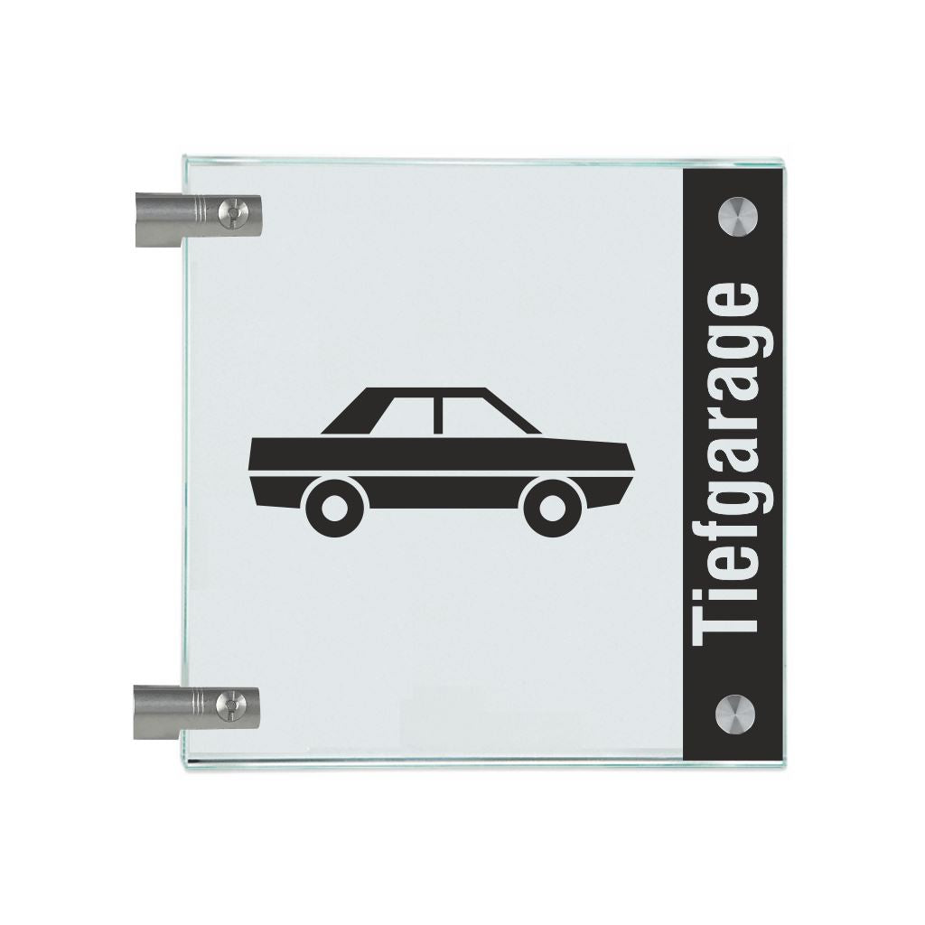 Fahnenschilder Tiefgarage mit Balken, 2 Scheiben mit Glasverbinder