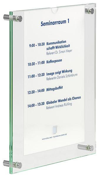 Infoträger aus Glas mit einer Fingermulde Infoträger aus Glas und Edelstahl online-tuerschilder.com