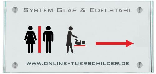 Moderne Wegweiser / Türschilder aus Glas mit 4 Edelstahlhaltern Etagenwegweiser Büro Glas Edelstahl mit 4 Haltern - Türschilder online-tuerschilder.com 200x420mm