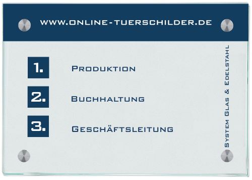 Moderne Wegweiser / Türschilder aus Glas mit 4 Edelstahlhaltern Etagenwegweiser Büro Glas Edelstahl mit 4 Haltern - Türschilder online-tuerschilder.com 420x594mm (A2)