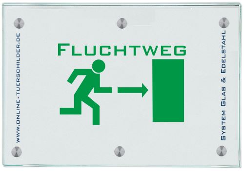 Moderne Wegweiser / Türschilder aus Glas mit 4 Edelstahlhaltern Etagenwegweiser Büro Glas Edelstahl mit 4 Haltern - Türschilder online-tuerschilder.com 594 x 841mm (A1)