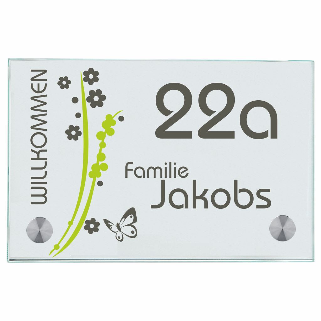 Haustürschilder Bunte Blumen mit Ihrem Wunschnamen (3 Entwürfe per Mail) - Namensschild Haustürschild Bunte Blumen online-tuerschilder.com 100x150mm (A6) Grün