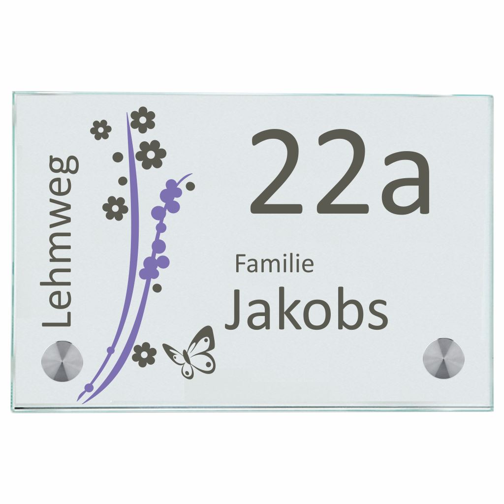 Haustürschilder Bunte Blumen mit Ihrem Wunschnamen (3 Entwürfe per Mail) - Namensschild Haustürschild Bunte Blumen online-tuerschilder.com 100x150mm (A6) Lila