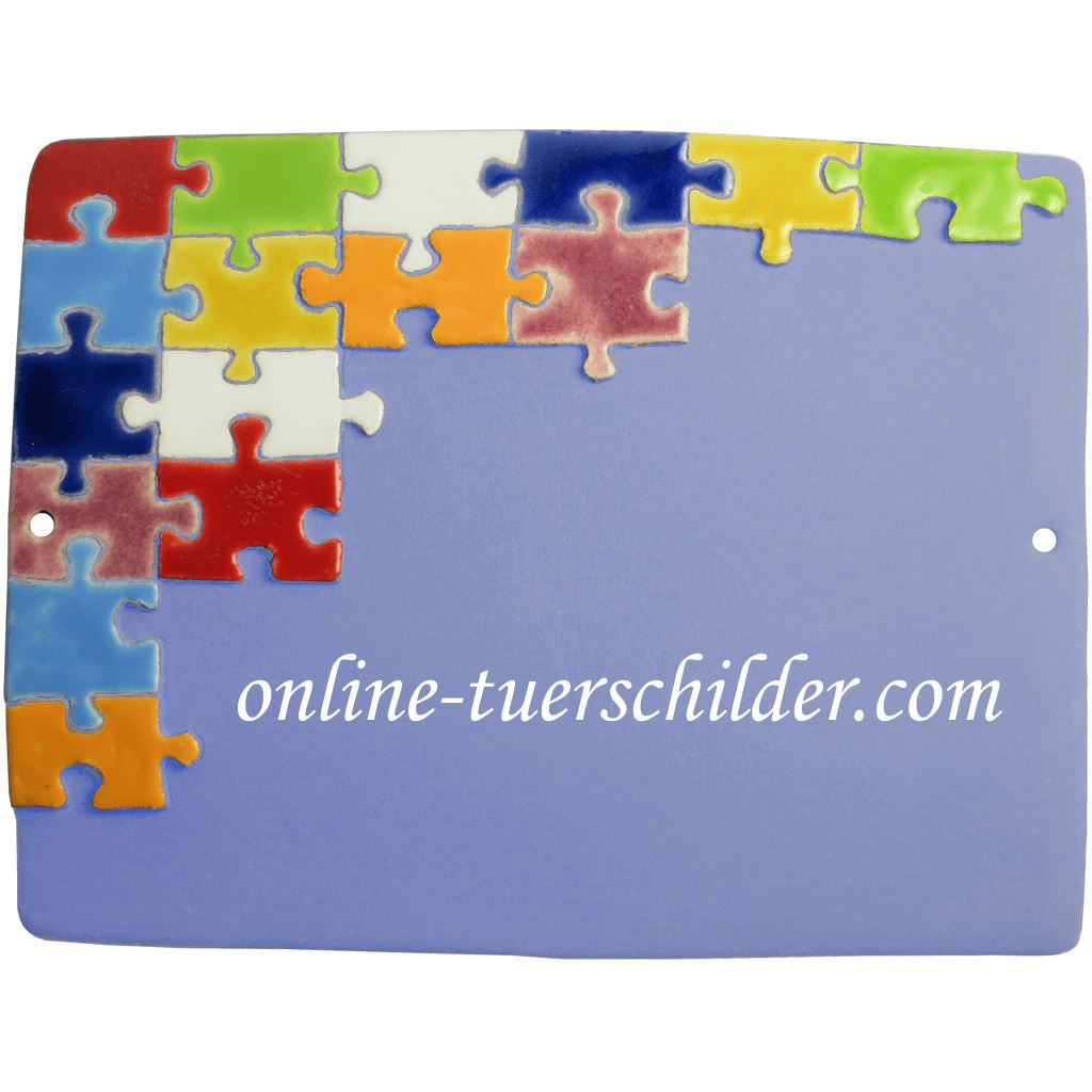 Türschild aus Keramik Bunte Puzzelteile personalisiert Türschild Keramik Hellblau
