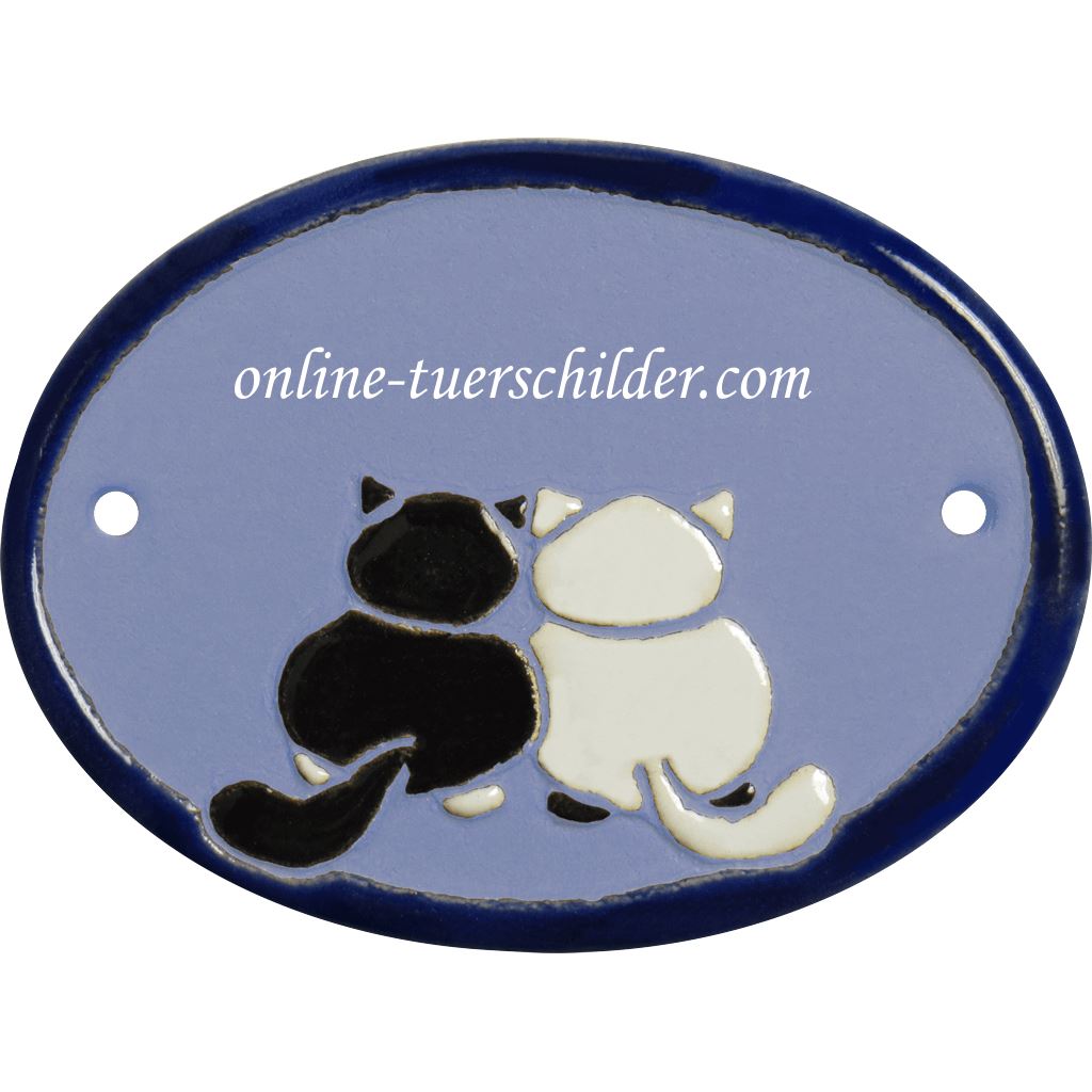 Türschild aus Keramik Schwarz weißes Katzenpaar personalisiert Türschild Hellblau