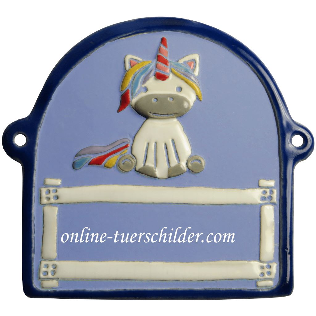 Türschild aus Keramik Einhorn, blauer Rand personalisiert Türschild Keramik Hellblau
