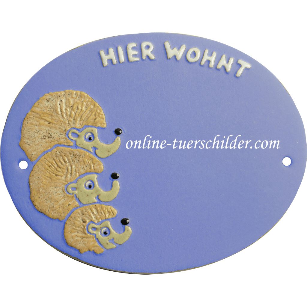 Türschild aus Keramik Igelfamilie personalisiert Keramikschild online-tuerschilder.com Hellblau