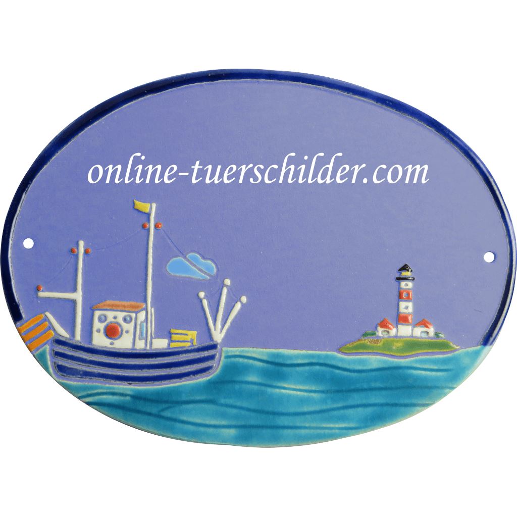 Türschild aus Keramik Fischkutter und Leuchtturm personalisiert online-tuerschilder.com Hellblau