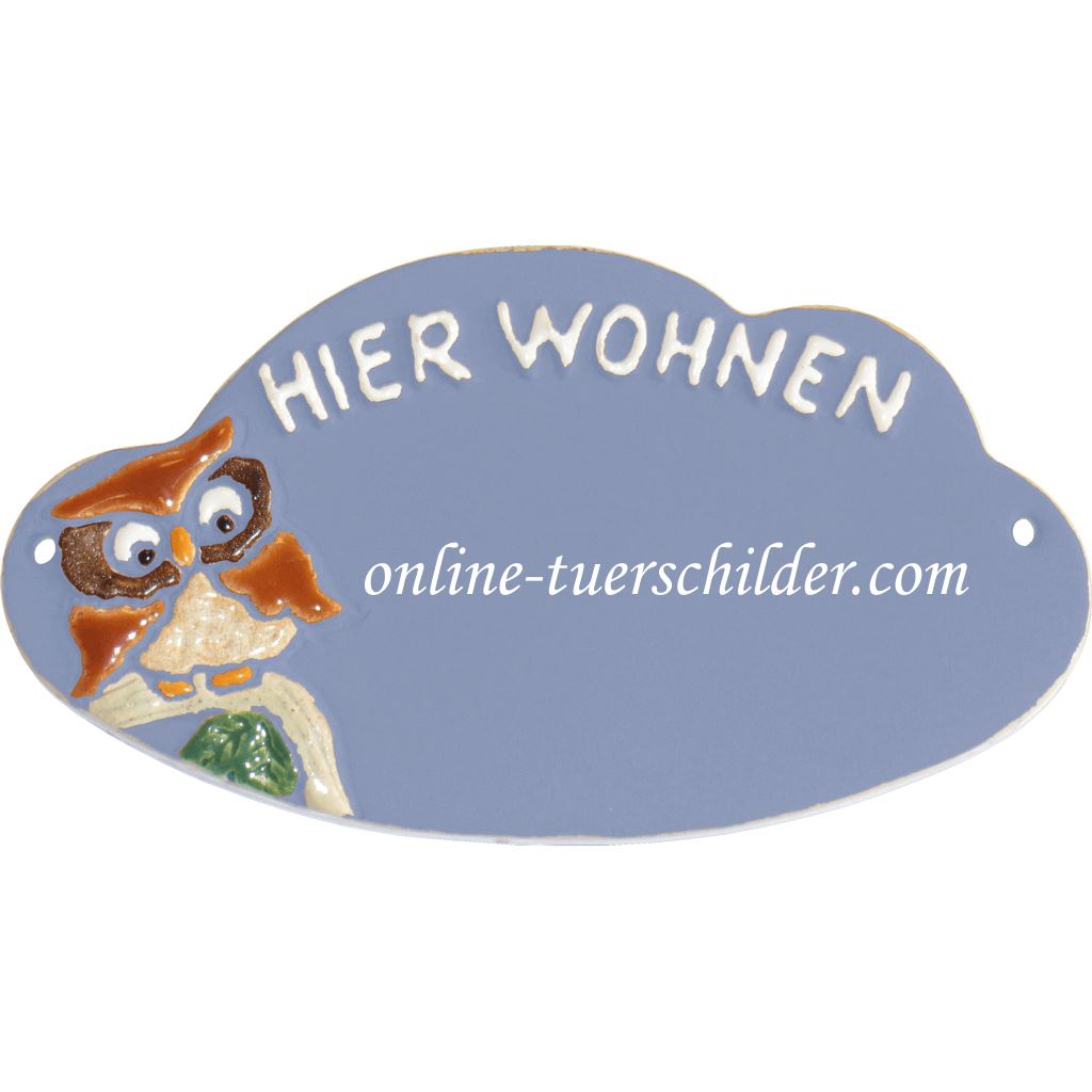 Türschild aus Keramik Eine Eule und Hier Wohnen personalisiert Türschild Hellblau