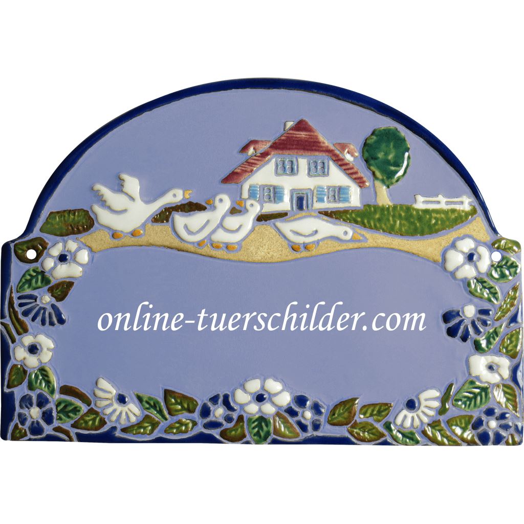 Türschild aus Keramik Vier Gänse vor einem Haus personalisiert Keramikschild Hellblau
