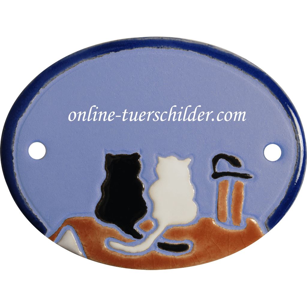 Türschild aus Keramik Katzen auf dem Dach Hellblau