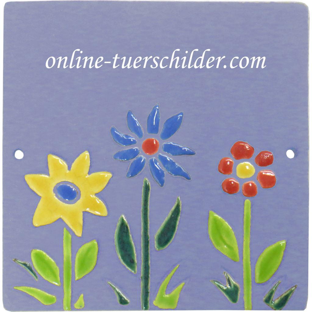 Türschild aus Keramik Blumen personalisiert Türschild Keramik Blumen Hellblau