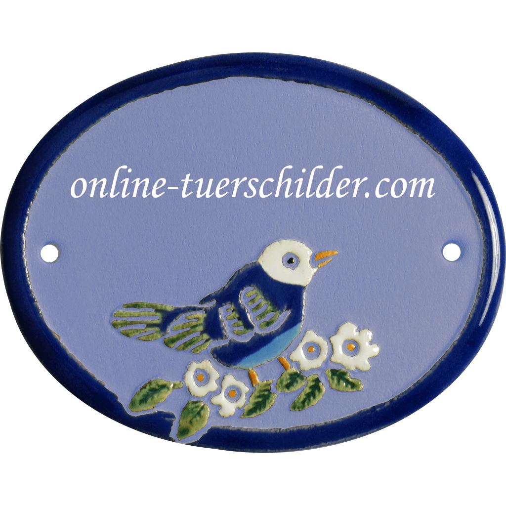Türschild aus Keramik Vogel auf Ast personalisiert Keramikschild online-tuerschilder.com Hellblau