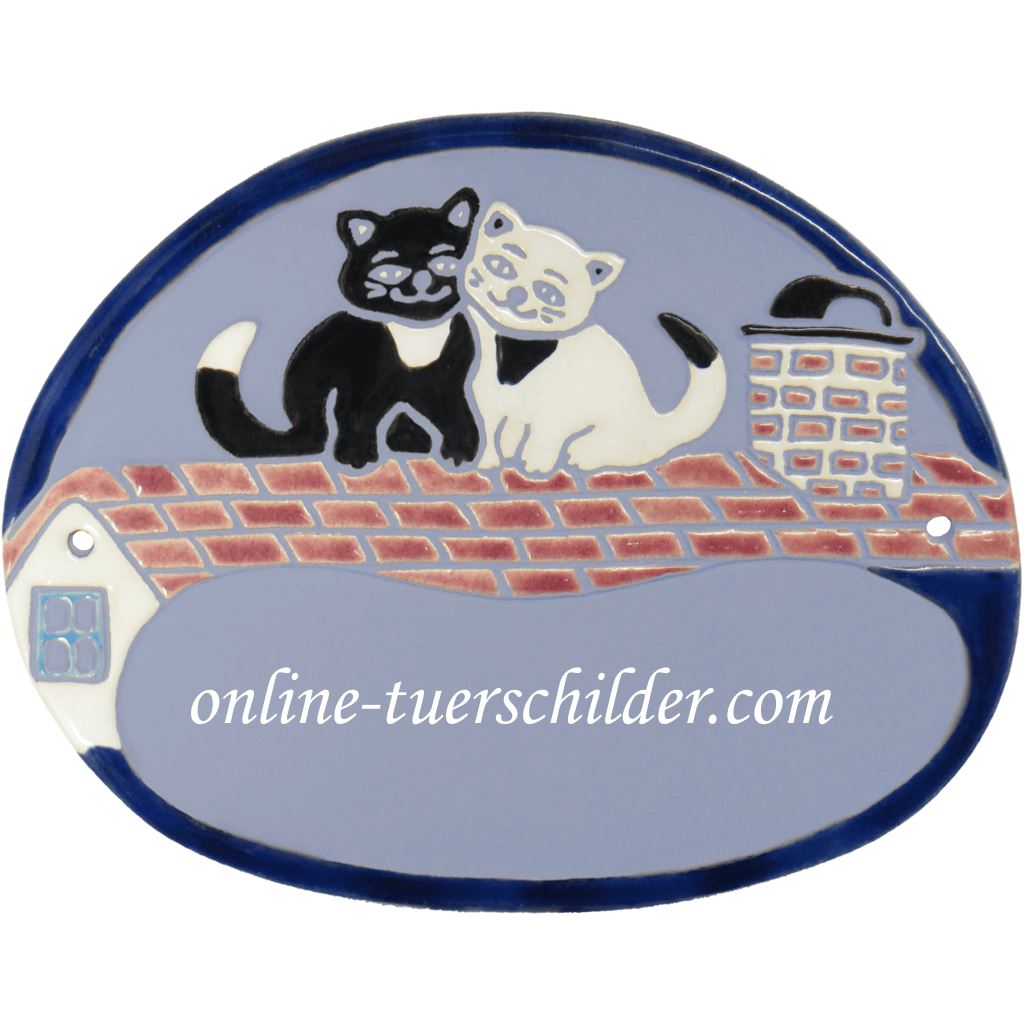 Türschild aus Keramik Zwei Katzen auf rotem Dach personalisiert online-tuerschilder.com Hellblau