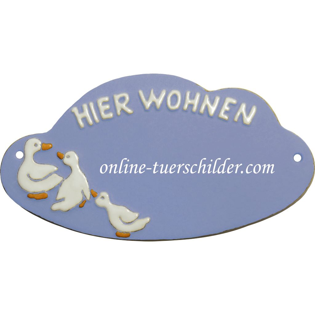 Türschild aus Keramik Drei Gänse und Hier Wohnen personalisiert hellblau