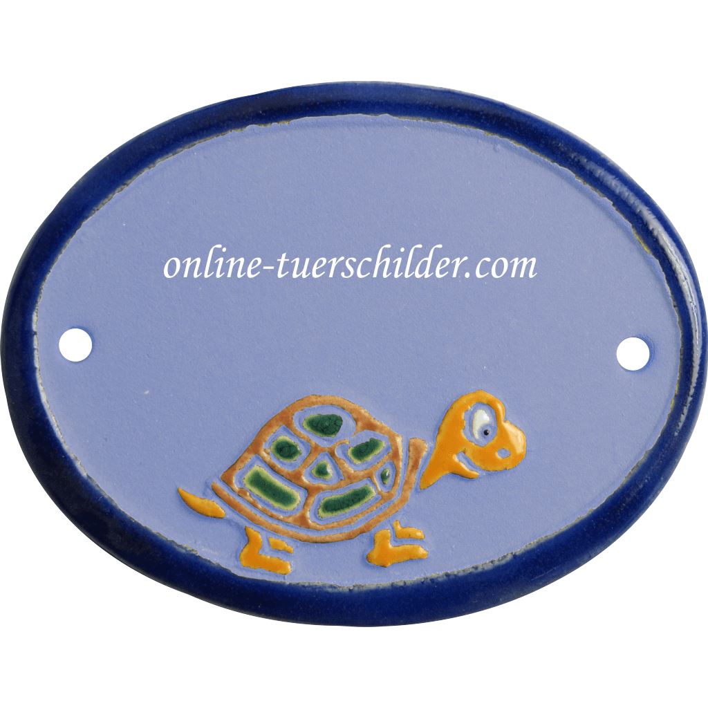 Türschild aus Keramik Motiv Schildkröte personalisiert Hellblau