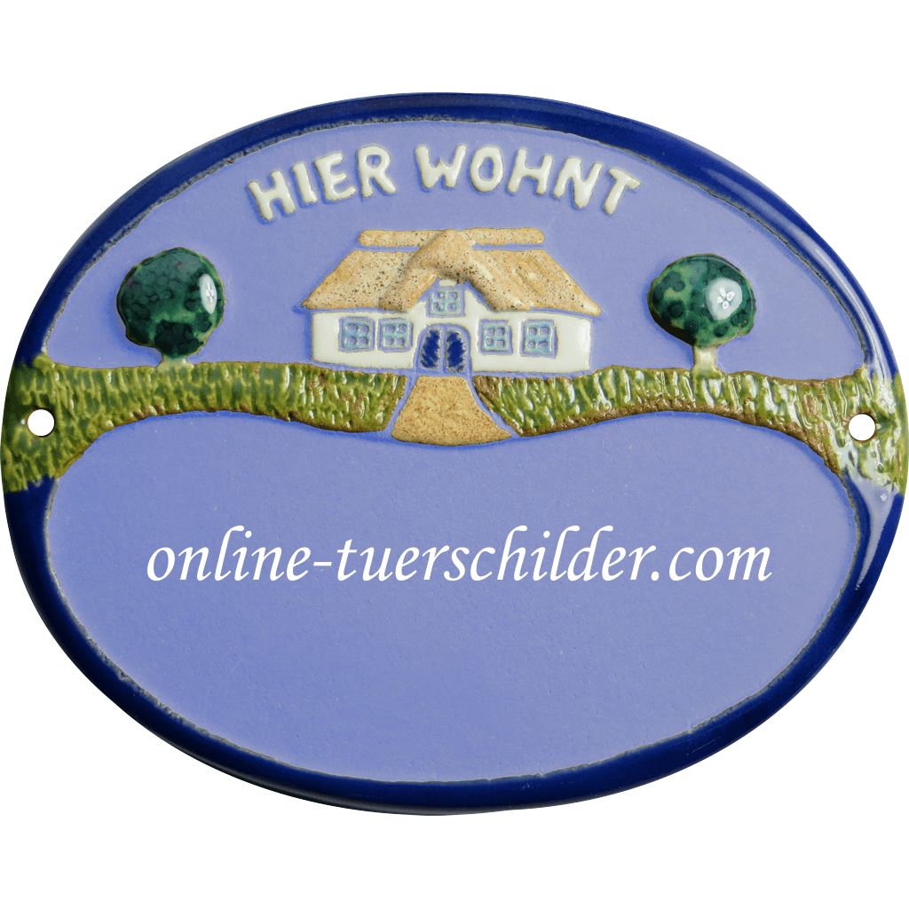 Türschild aus Keramik Haus und hier wohnt personalisiert Türschilder Hellblau
