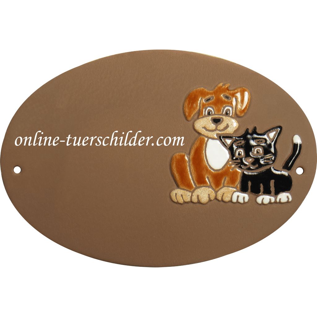 Türschild aus Keramik Hund und Katze personalisiert Türschild Keramik Braun