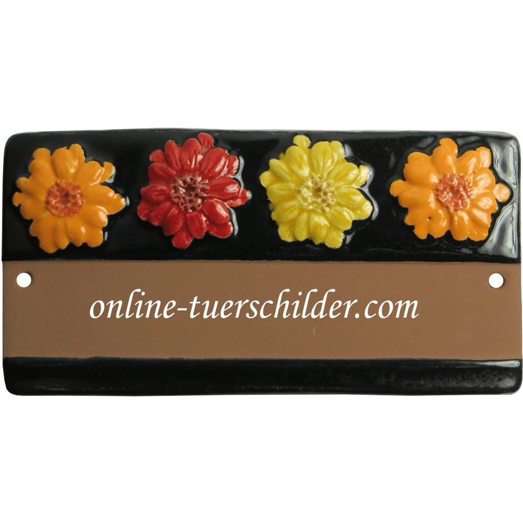 Türschild aus Keramik Blüten mit scharzem Rand personalisiert Türschild Keramik Braun
