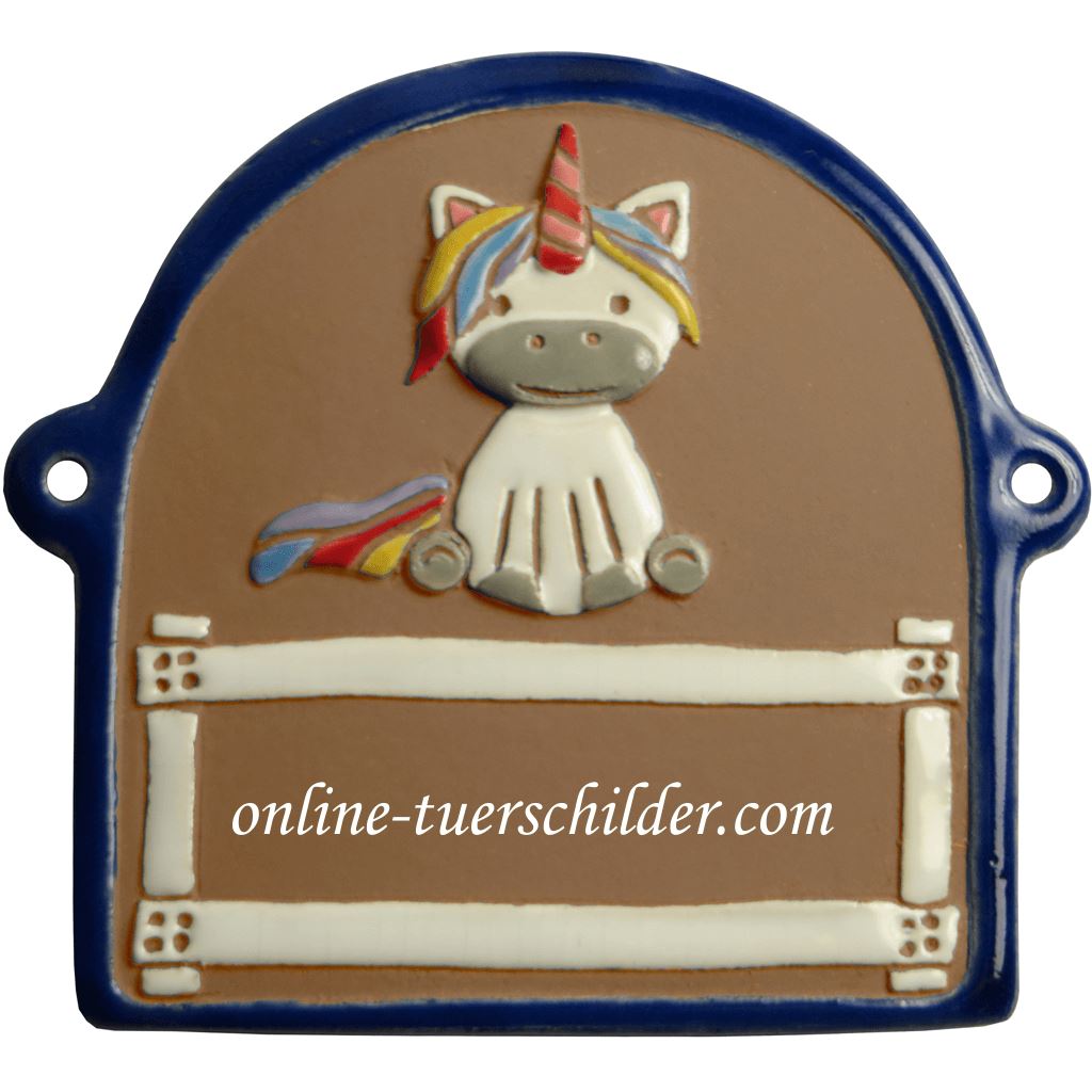 Türschild aus Keramik Einhorn, blauer Rand personalisiert Türschild Keramik Braun