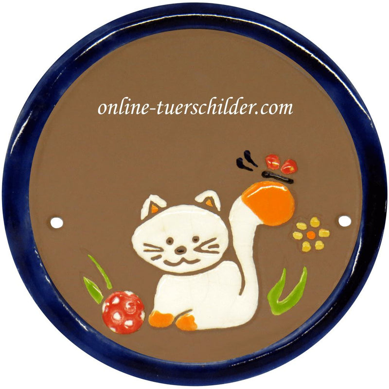 Türschild Keramik Katze mit Ball  Braun 