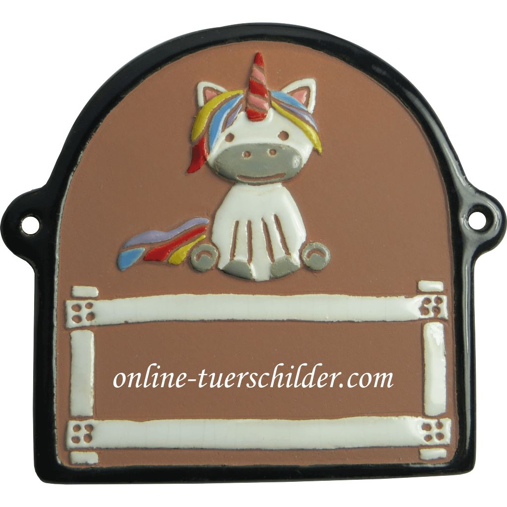 Türschild aus Keramik Einhorn, schwarzer Rand personalisiert Türschild Keramik Einhorn - Braun