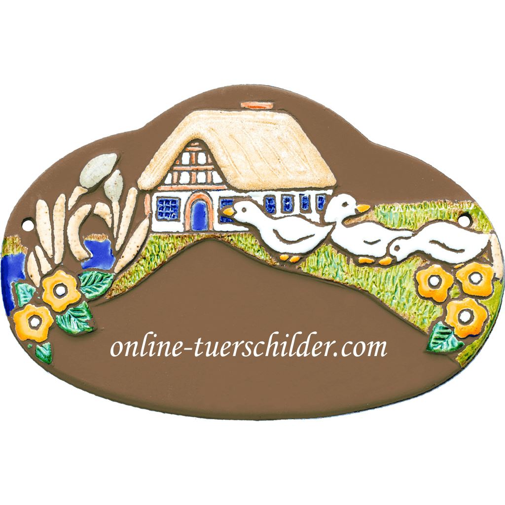 Türschild aus Keramik Teich und Gänse personalisiert Keramikschild online-tuerschilder.com Braun