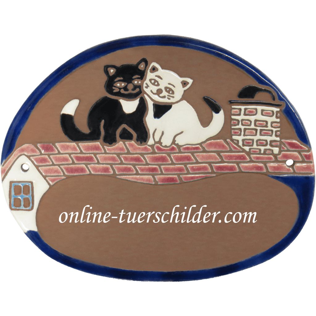 Türschild aus Keramik Zwei Katzen auf rotem Dach personalisiert online-tuerschilder.com Braun