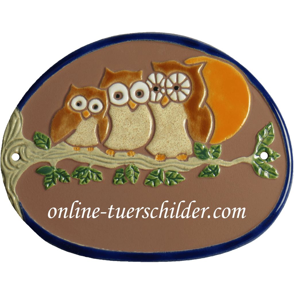 Türschild aus Keramik Drei Eulen auf Ast personalisiert Keramikschild online-tuerschilder.com Braun