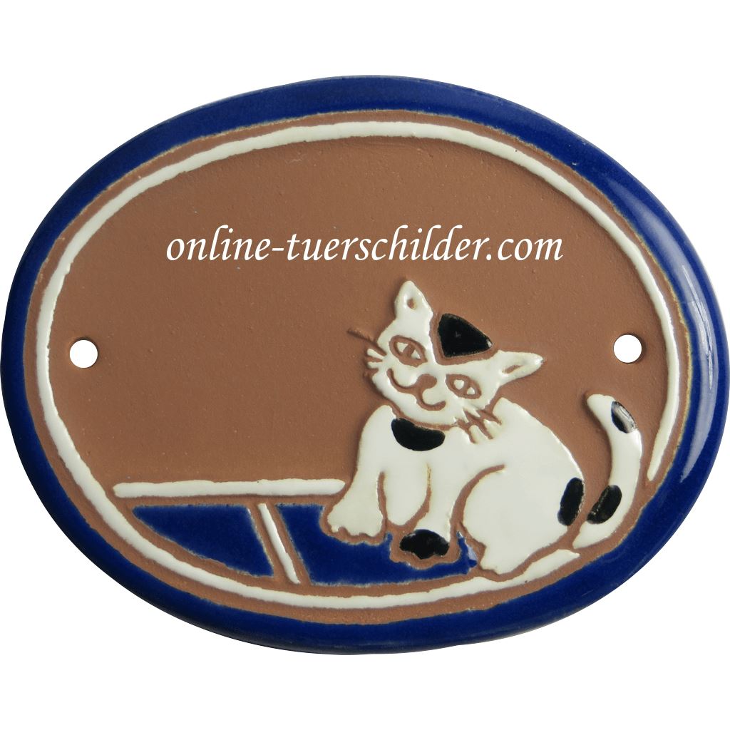 Türschild aus Keramik Weisse Katze personalisiert Braun