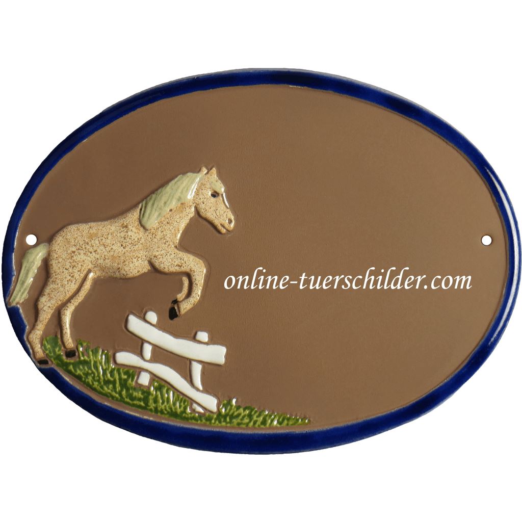 Türschild aus Keramik Pferd über Zaun personalisiert online-tuerschilder.com Braun