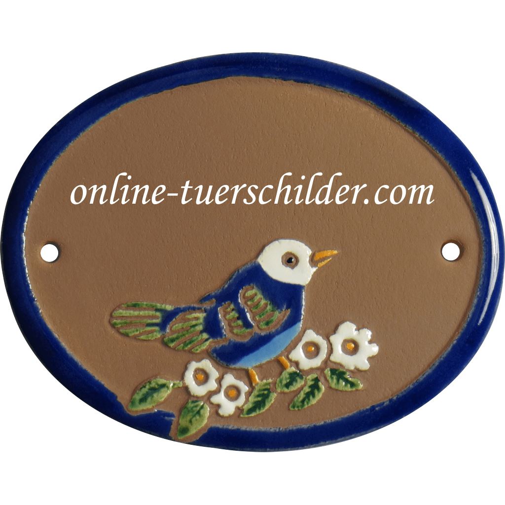 Türschild aus Keramik Vogel auf Ast personalisiert Keramikschild online-tuerschilder.com Braun