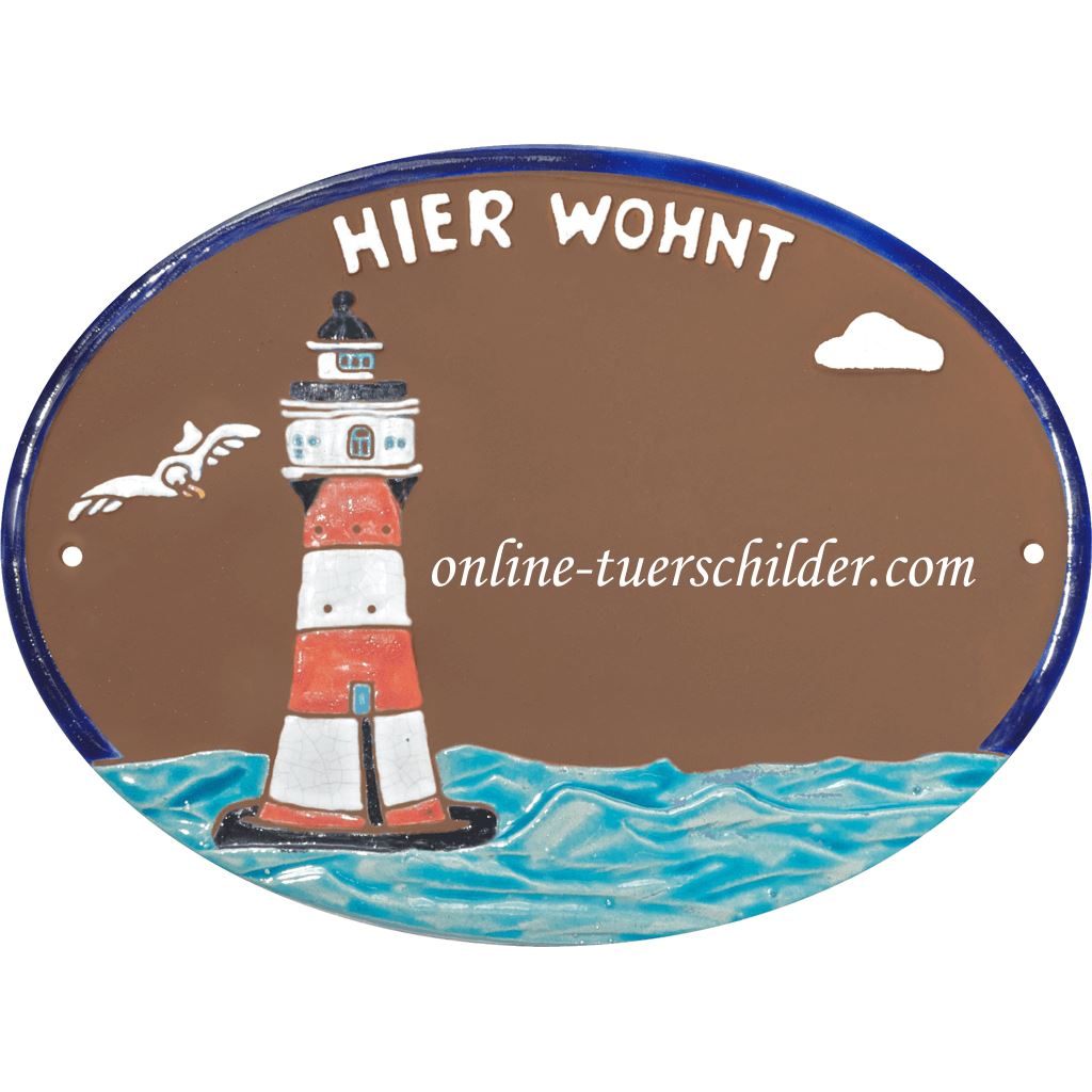 Türschild aus Keramik Leuchtturm und "Hier wohnt" personalisiert Braun