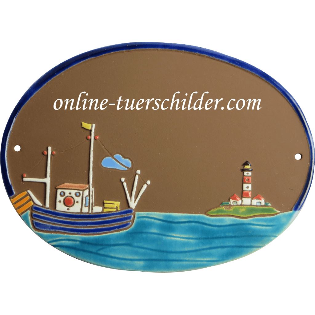 Türschild aus Keramik Fischkutter und Leuchtturm personalisiert online-tuerschilder.com Braun