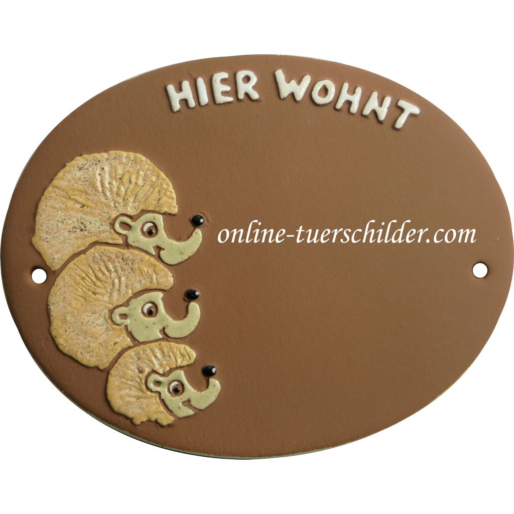 Türschild aus Keramik Igelfamilie personalisiert Keramikschild online-tuerschilder.com Braun