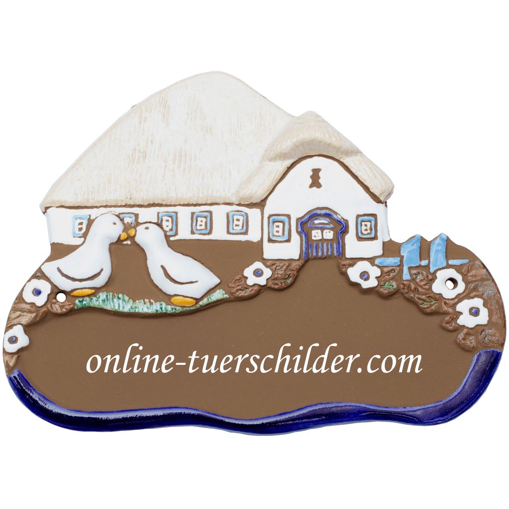 Türschild aus Keramik Gänse vor Bauernhaus personalisiert Keramikschild Braun