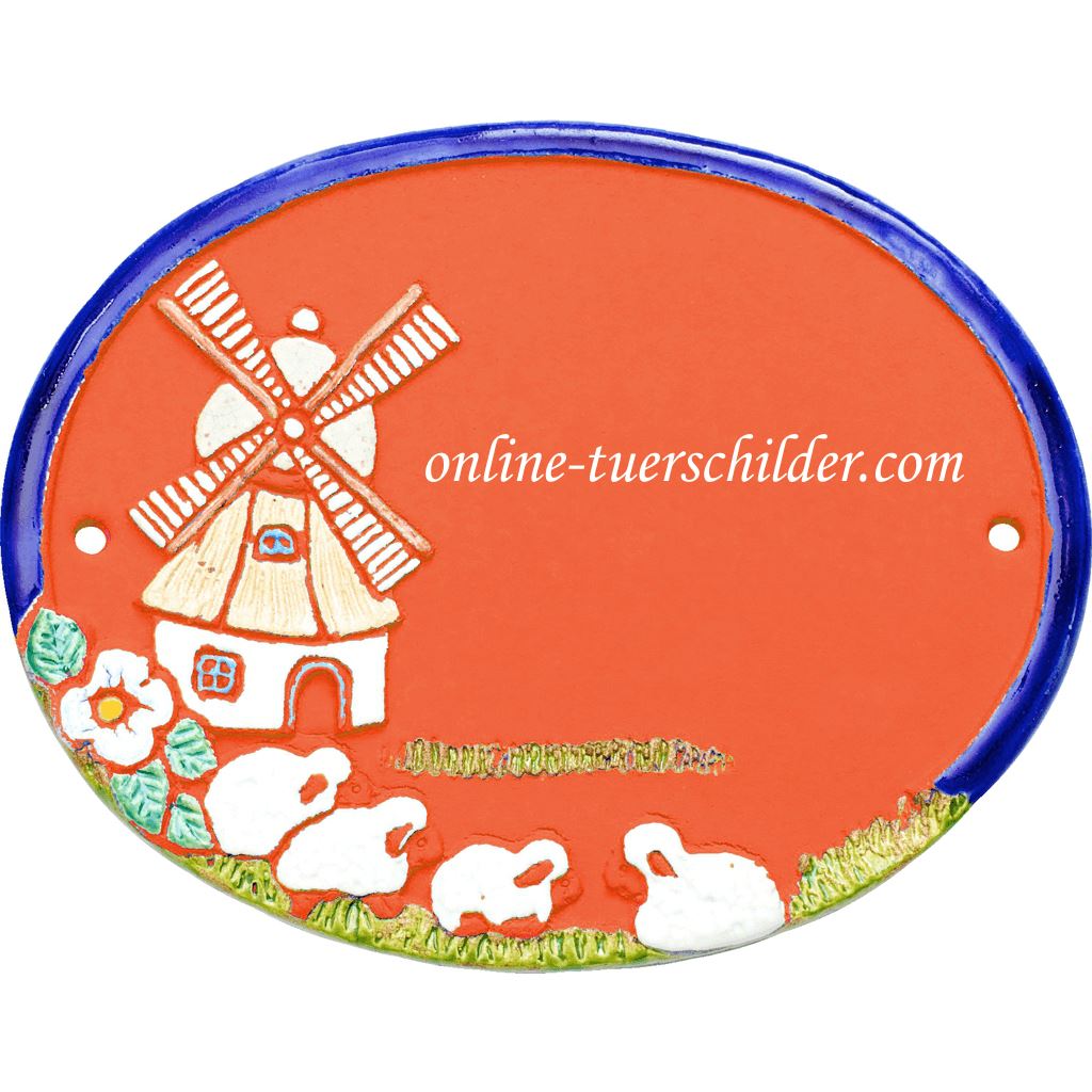 Türschild aus Keramik Windmühle und vier Schafe 3