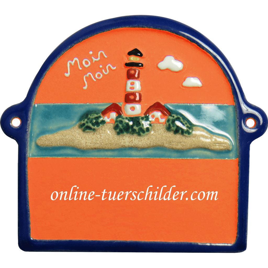 Türschild aus Keramik Leuchtturm und Moin Moin personalisiert Terracotta