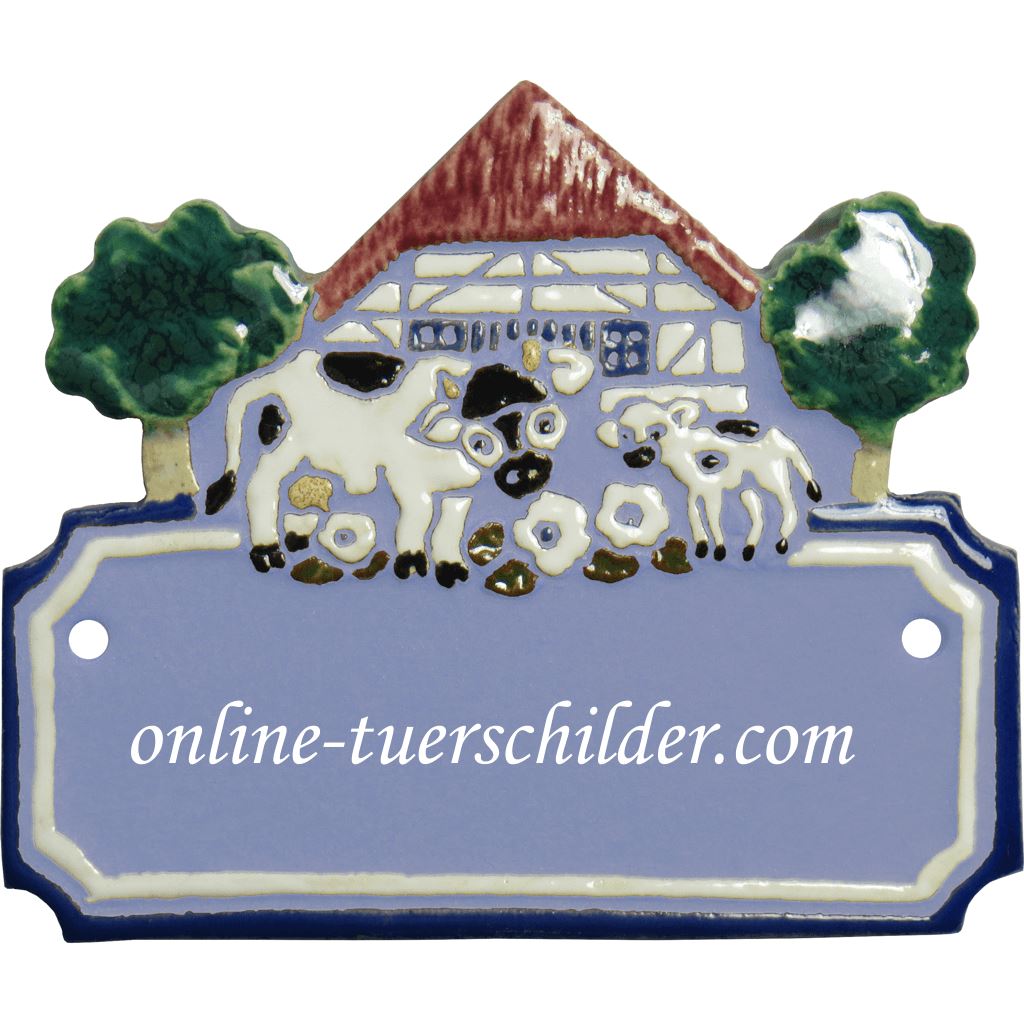Türschild aus Keramik Fachwerkhaus mit Kuh und Kalb personalisiert Hellblau