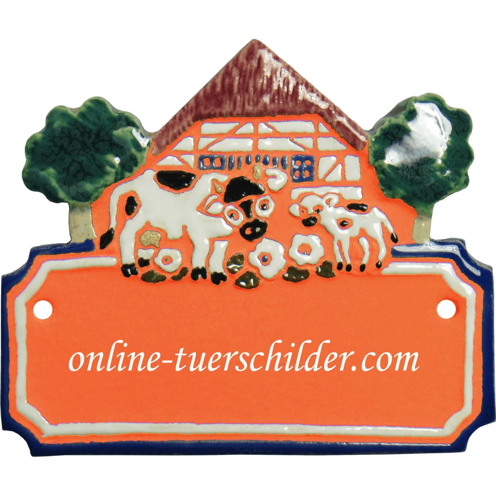 Türschild aus Keramik Fachwerkhaus mit Kuh und Kalb personalisiert Terracotta