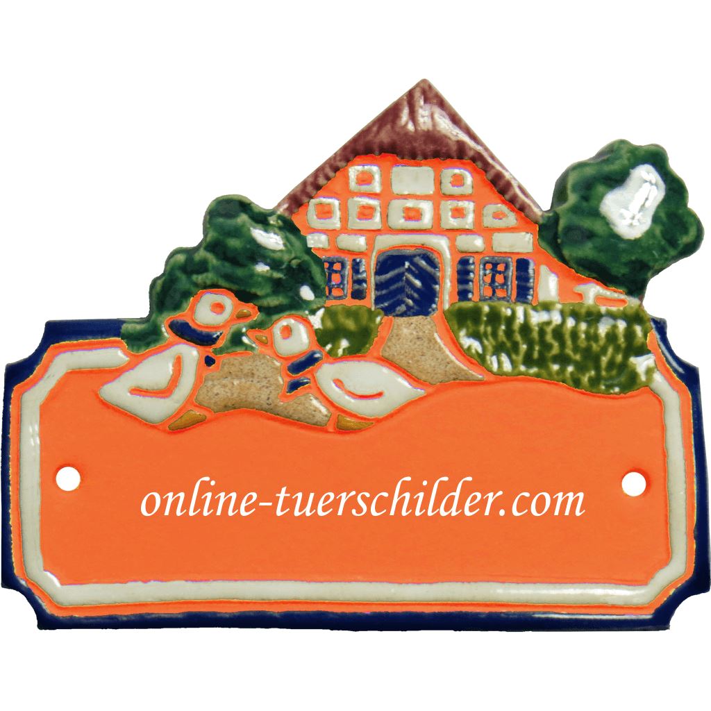 Türschild aus Keramik Zwei Gänse vor Fachwerkhaus personalisiert Terracotta
