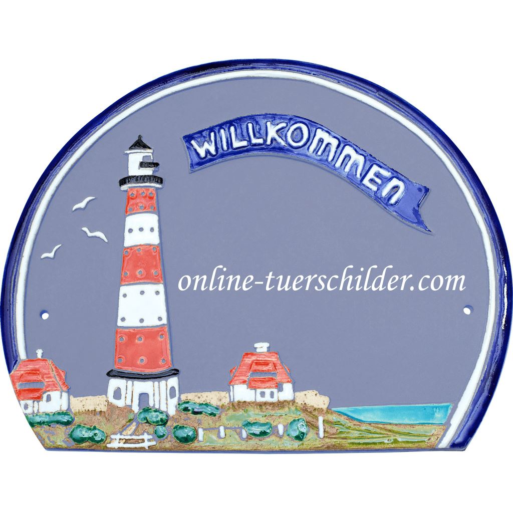 Türschild aus Keramik Großer Leuchtturm und Willkommen personalisiert Hellblau